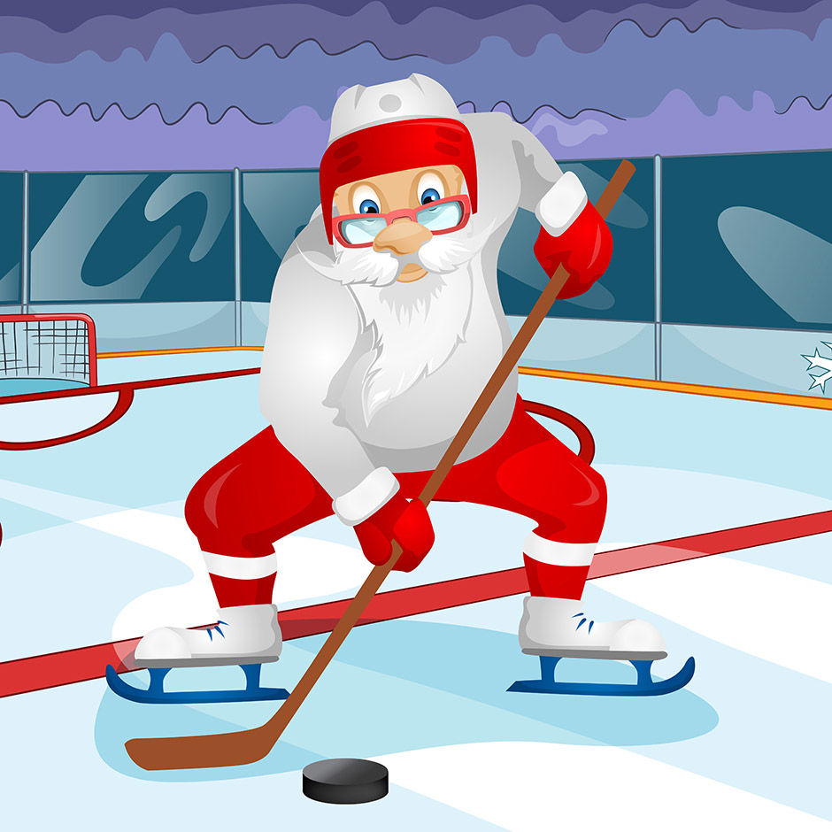 Dessin d'un Père Noël qui joue au hockey