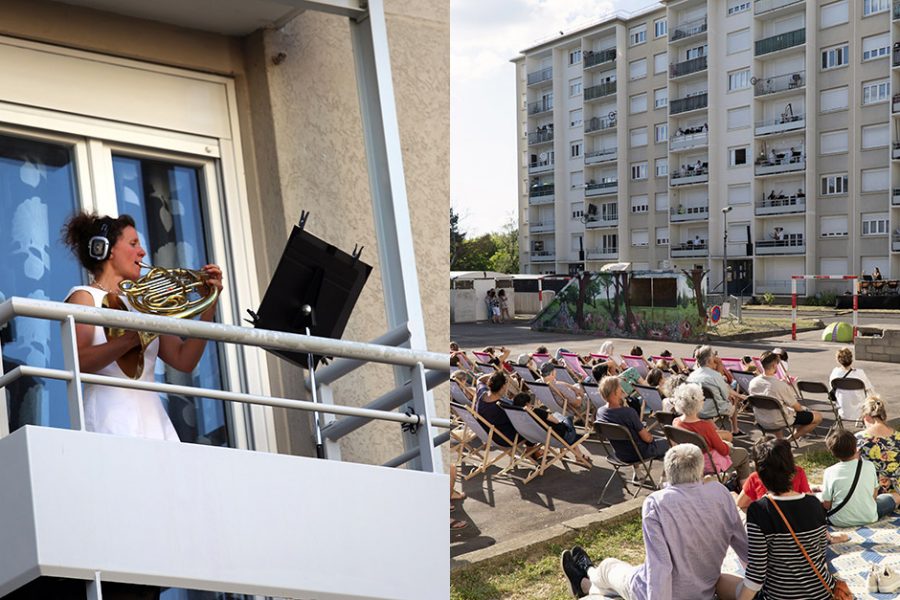 Grand ensemble - Concert donné aux balcons d'un immeuble du quartier des Louvrais à Pontoise par l'Orchestre National d'Île-de-France