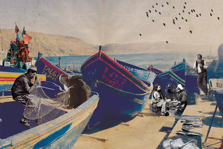 Illustration pour le spectacle Nour, de Judith Chomel. Il y est représenté des pêcheurs travaillant sur la côte ou dans leurs barques qui sont accostées sur la plage.