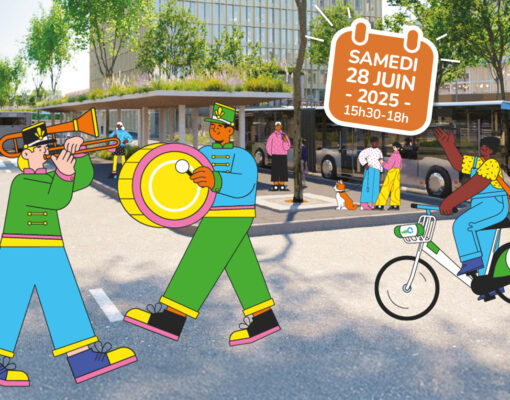 Personnages de fanfare en couleur devant la nouvelle Eco-station bus