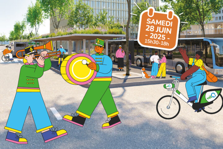 Personnages de fanfare en couleur devant la nouvelle Eco-station bus