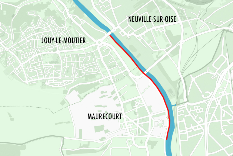 Carte de l'aménagement des bords d'Oise entre Maurecourt et Jouy-le-Moutier